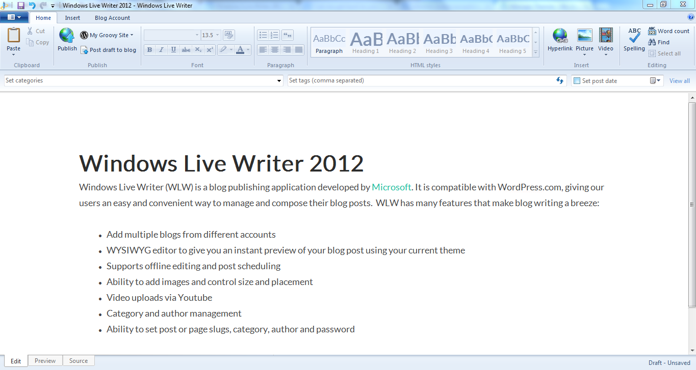 Windows Live Writer 2012 Interface (2012)